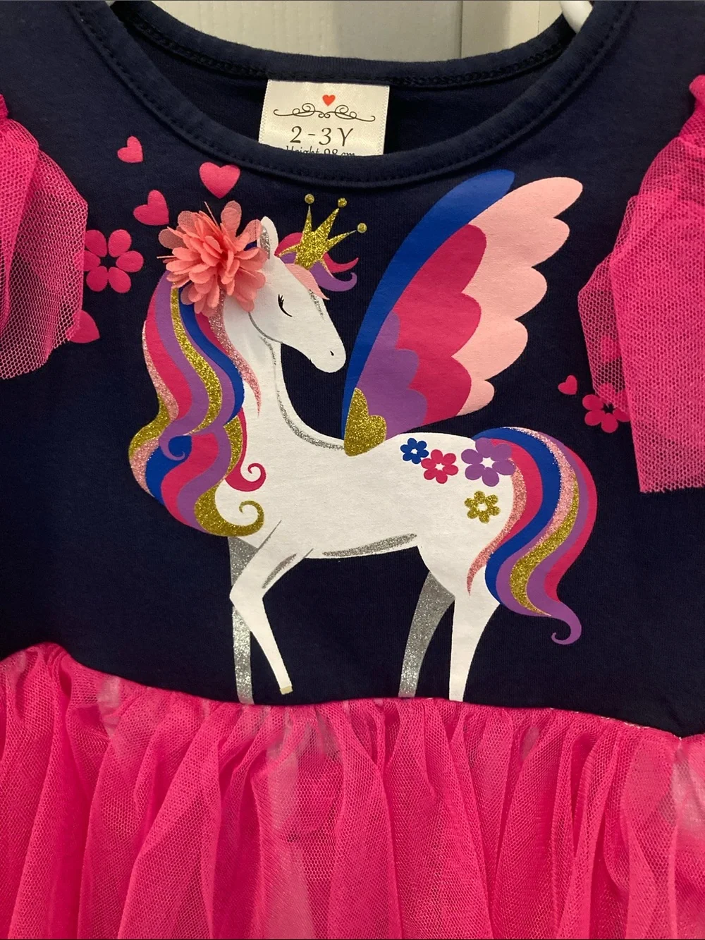 2-3 yrs Girls Navy & Hot Pink Unicorn Tulle Dress